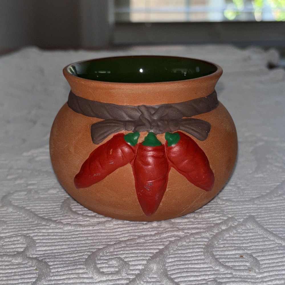 Vintage Terra Cotta Mexican Pottery Salsa Bowl Hand painted Red Chili Peppers
